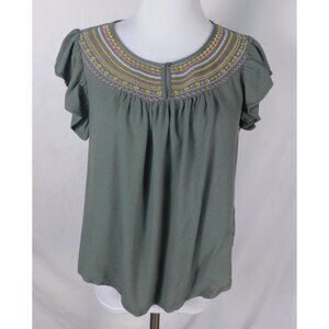 Spense Embroidered Boho Top M Sage Green Flutter Sleeve Blouse
